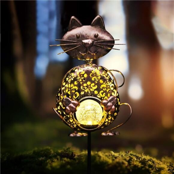 Garden Solar Lights Metal Cat Crackle Glass Globe Stake Lights, Waterproof - Picture 1 of 7